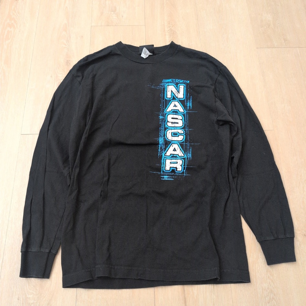 Y2K NASCAR Mens Medium Long Sleeve Graphic T-Shirt Black Blue Vertical Logo